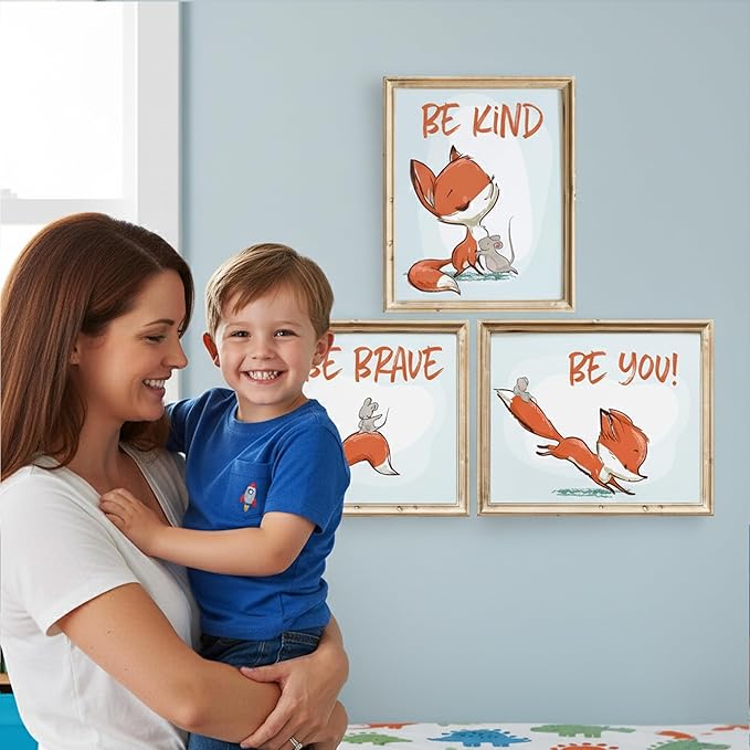Fox Wall Art Prints (Set of 3) - Unframed - 8x10s | Woodland Nursery Decor - Inspirational Quotes for Boys and Girls Room - Be Kind, Be Brave, Be You - Kids Positive Affirmations