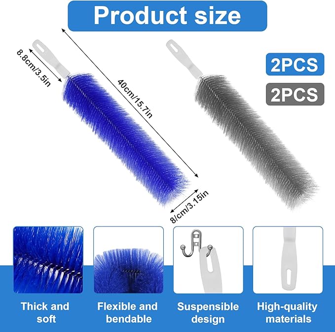 4 Pcs Cobweb Duster, Bendable Fan Cleaner Brushes Set Reusable, Plastic Microfiber Duster for Air Conditioning Shutters,Ceiling Fan, Blades, Curtains,Air Vents(Blue,Gray)