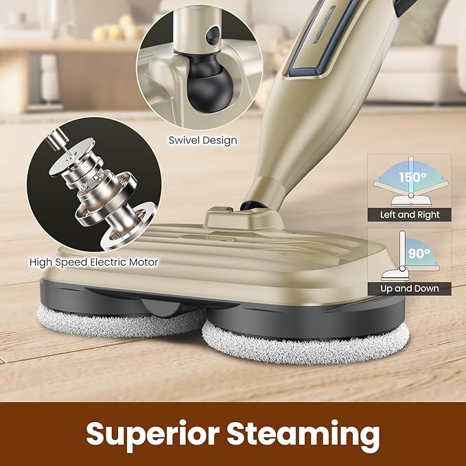 DEVOAC VM6 Scrubbing Steam Mop with Rotating Mop Pads, 10 in 1 Steam Mop, Lightweight Spin Mop & 3 Steam Modes for Hard Floor Laminate Marble Floors (Khaki)