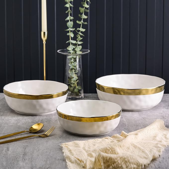 Stone Lain Florian Porcelain 3-Piece Round Bowl Service Set, White with Gold Rim
