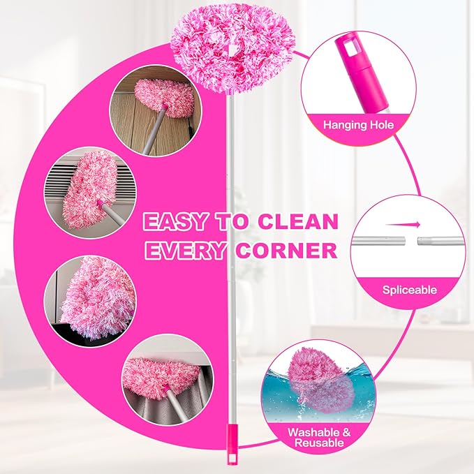 Ceiling Fan Cleaner Duster Reusable Microfiber Ceiling Fan Blade Cleaner Removable Duster with Extension Pole Adjusts 13 to 49.7 Inch for Cleaning Walls Furniture Door Window Top (Rosy White)