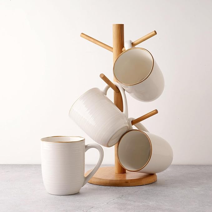 famiware Tempus Coffee Mugs Set of 4, 14 oz Cup Set, Stoneware Mugs with Handle for Coffee, Tea, Cocoa, Milk, Cappuccino, Microwave Safe - Antique White