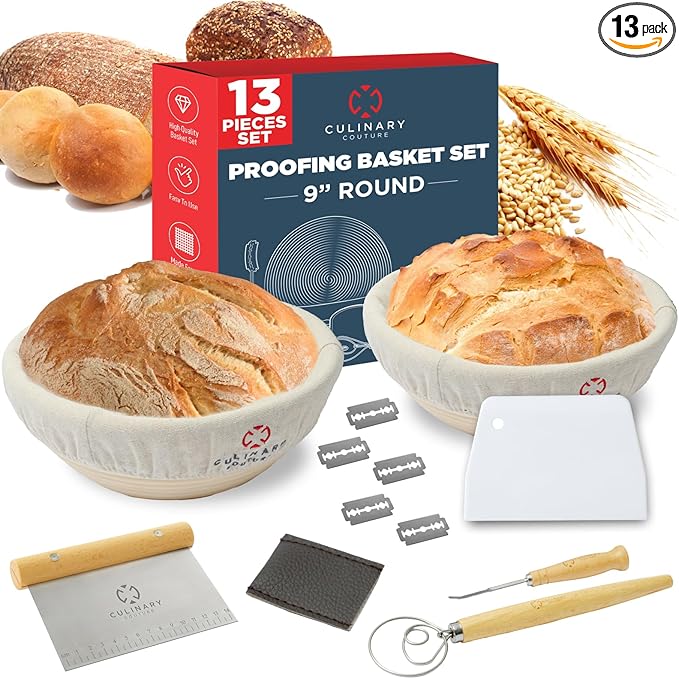 Bread Proofing Basket Set of 2 - Round 9" Sourdough Bread Baking Supplies w/Linen Liner, Scrapers, Scoring Lame, Whisk, Blades Banneton Proofing Baskets - Sourdough Starter Kit for Beginners