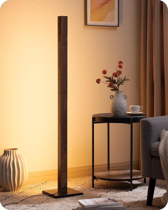 EDISHINE Wood LED Corner Floor Lamp, Modern Dimmable Light with Remote, Minimalist Standing Floor Lamps for Living Room, Bedroom, Office, 7 Color Temperature 2700~6000K, 48.43"