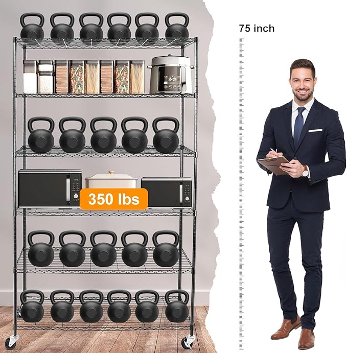 YNN Storage Shelves,2100Lbs 6 Tier Heavy Duty Metal Rolling Shelving Unit with Wheels & 8 Hooks, Adjustable Garage Wire Rack for Kitchen, Bathroom,Industrial,Pantry(36" W x 14" D x 72" H,Black)