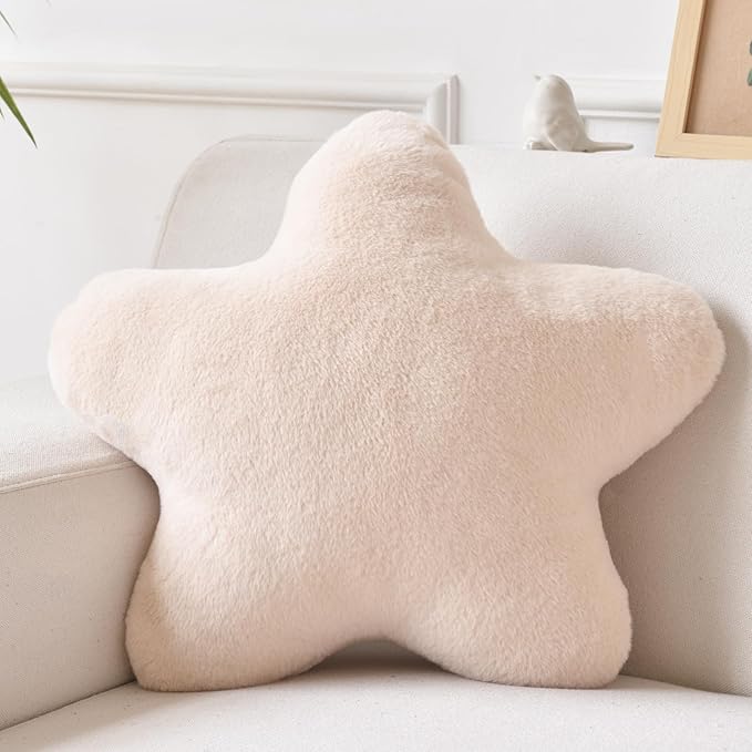 Xiashrk Star Pillow, Decorative Throw Pillows for Bed Couch, 15" Star Shaped Pillow Plush Floor Cushions Room Decor Pillow with Faux Rabbit Fur for Sofa Bedroom Living Room (Beige, 15" x 15")
