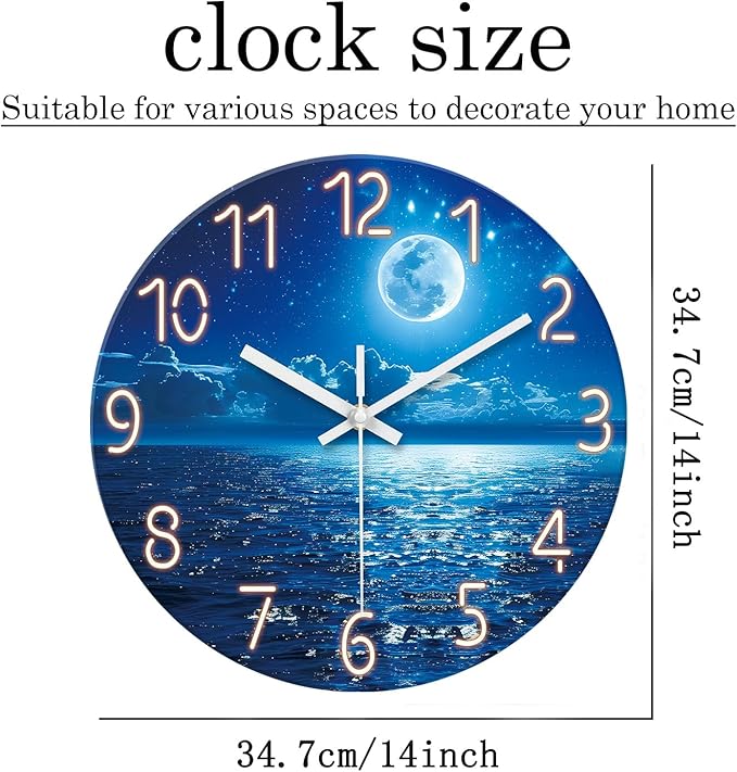 XFM Blue Wall Clock Battery Operated 14 Inch Moon Ocean Glass Clock Silent Non Ticking Modern Decorative Wall Clocks for Kitchen Bedroom Bathroom Decor