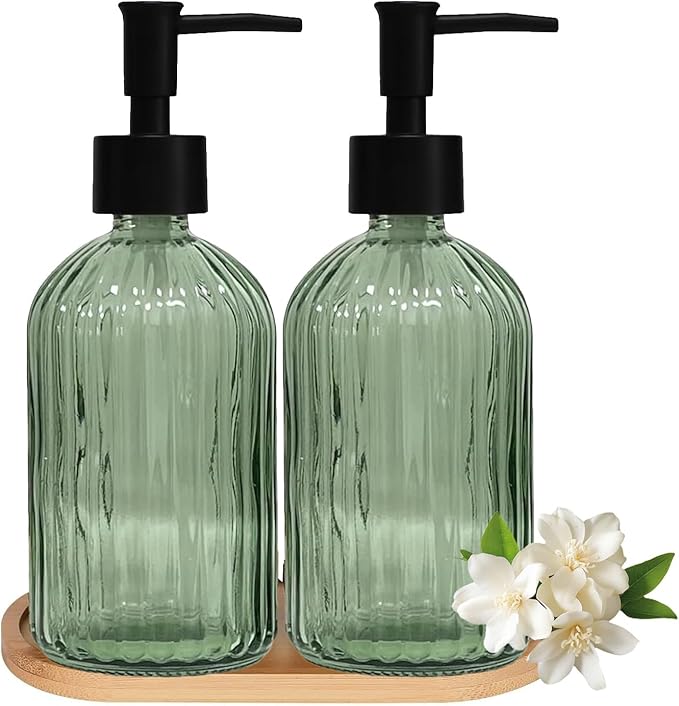 Glass Hand and Dish Soap Dispenser Set of 2 with Plastic Pumps, Bamboo Tray, 13.5oz Green Bathroom Soap Dispenser with Vertical Stripe for Hand Wash & Dish Wash, Ideal for Bathroom Kitchen Countertop