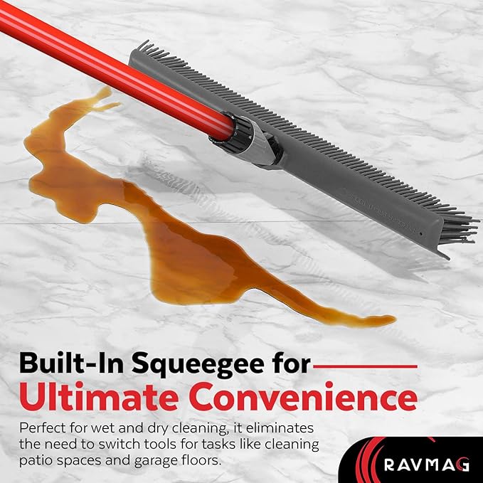 2-in-1 Silicone Rubber Broom Carpet Rake and Squeegee - Swivel Pet Hair Removal Broom with Long Handle - Slanted Side Bristles for Corners - Multipurpose Rubber Broom for Carpet, Hardwood Floor, Tile