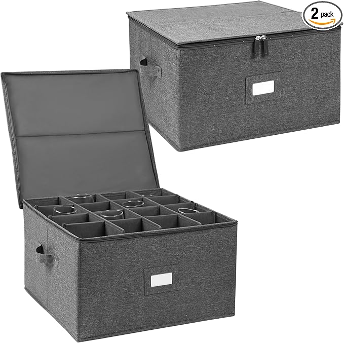 Stemware Storage Cases 2 Pack, Wine Glass Storage Box Containers with Dividers for Glassware or Crystal, Holds 16 Red or White Wine Glasses, Hard Top and Stackable (Grey)
