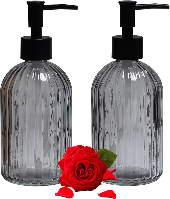 Gray Glass Soap Dispenser Set with Black Pump, 13.5oz Refillable Liquid Hand Soap Dispenser, Lotion Dish Soap Dispenser for Modern Home Decor, Bathroom, Kitchen Countertop, Hotel(2 Pack)