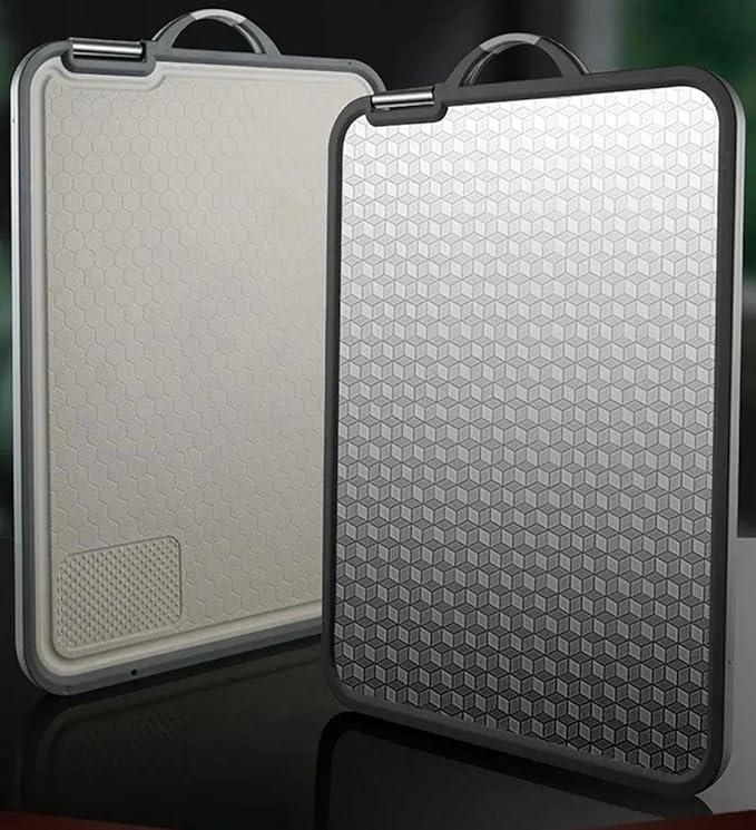 Double sided cutting board, 304 stainless steel cutting board for kitchen, Non-slip design with juice groove Food-Grade Wheat Straw PP Large Chopping Board for Meat & Vegetables(17×12)Easy to Clean