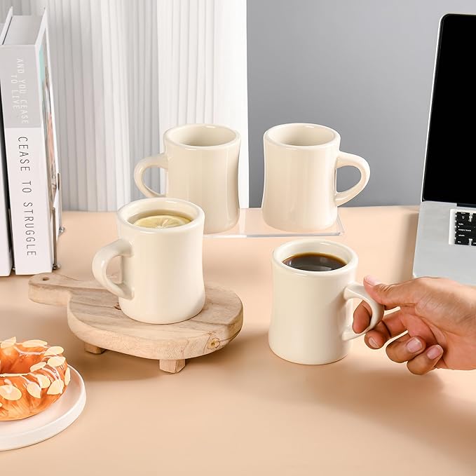 11oz Ceramic Coffee Mug set Stoneware Coffee Cups Set for Restaurant, Diner, Farmhouse, Coffee Shop, Home set of 6 (Cream)