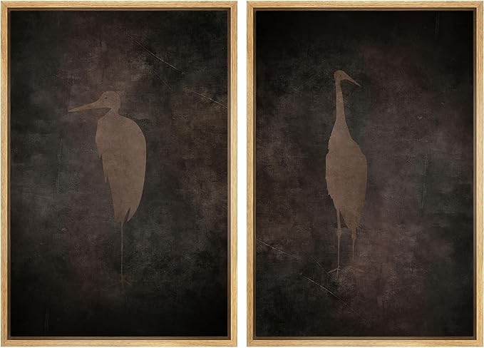 SIGNFORD Framed Canvas Print Wall Art Set Abstract Crane Silhouettes Vintage Dark Tones Illustration Modern Art Decorative Nordic Nature for Living Room, Bedroom, Office - 24"x36"x2 Natural