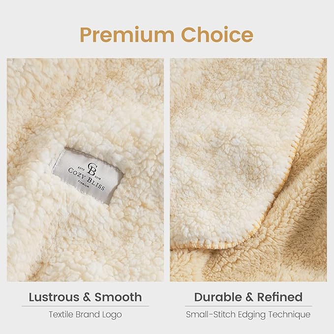 Cozy Bliss Luxury Sherpa Throw Blanket for Couch, Premium Reversible Plush Thick Throw, Warm Cozy Soft Blanket for Home and Gifts (Mottled Beige, 60" x 80")