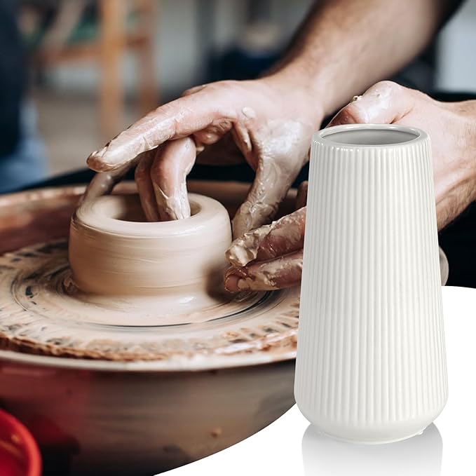 White Ceramic Vase for Flowers, Tall Home Decor Vase with Ribbed Texture, Vases for Centerpieces, Farmhouse Decor, Living Room, Decor Bedroom, Table, and Kitchen Shelf (XL White)