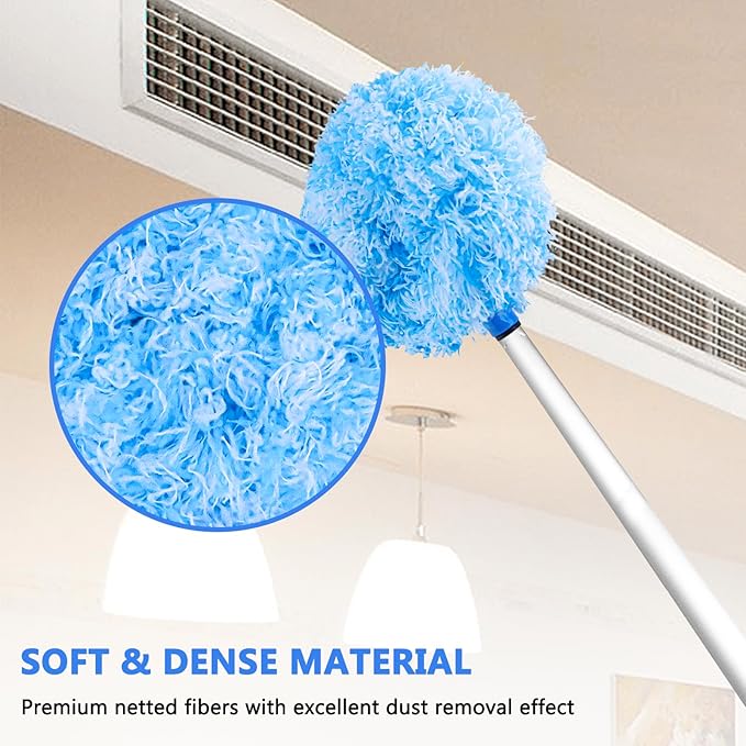 Ceiling Fan Cleaner Duster Reusable Microfiber Ceiling Fan Blade Cleaner Removable Duster with Extension Pole Adjusts 13 to 49.7 Inch for Cleaning Walls Furniture Door Window Top (Blue White)