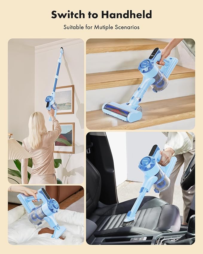 Cordless Vacuum Cleaner, 8-in-1 Lightweight Stick Vacuum with 45mins Runtime, Powerful Suction, Rechargeable Cordless Vacuum for Carpet, Tile, Pet Hair, Hardwood Floors, Blue