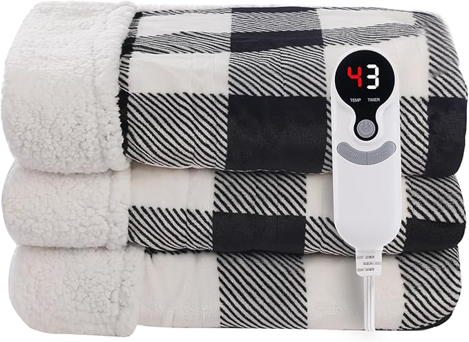 LUXIAN Electric Heated Blanket Queen Size 72"x84" - Microplush & Sherpa Fabric Dual-Sided, 6 Heat Settings & 1-10 Hours Auto Off, Machine Washable, Styiped Check