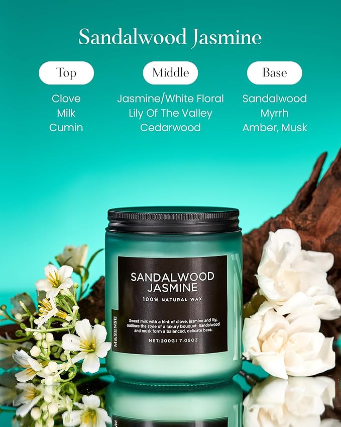 M&SENSE Sandalwood Jasmine Scented Candles, Natural Soy Wax Best Smelling Candle 7.05oz 50 Hour Burning,Floral Non Toxic Single Cotton Wick Aromatherapy Gifts for Women Friend