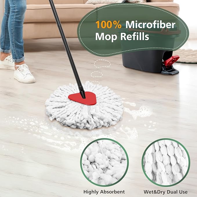 4 Pack Spin Mop Refill Replacement Head Compatible with EasyWring Spinning Mop, with 1 Swivel Mop Base, 100% Microfiber Deep Cleaning Machine Washable - White (1-Tank System)