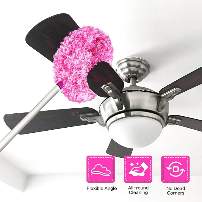 Ceiling Fan Cleaner Duster Reusable Microfiber Ceiling Fan Blade Cleaner Removable Duster with Extension Pole Adjusts 13 to 49.7 Inch for Cleaning Walls Furniture Door Window Top (Rosy White)