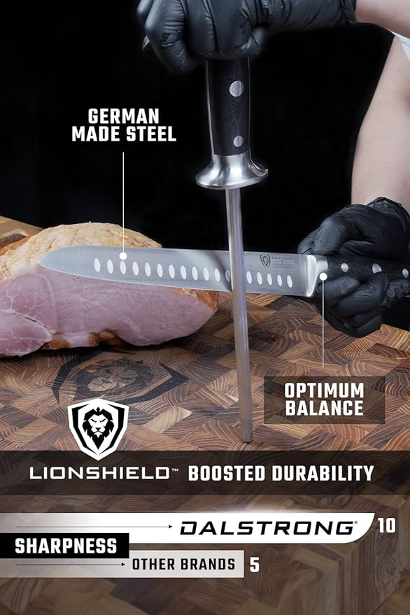 Dalstrong Carving Knife & Meat Fork Set - Gladiator Series Elite - 8" Honing Rod - Forged HC German Steel - 9 inch Carving Knife & Sheath - Hollow Ground Carving Set - Matching Fork - NSF Certified