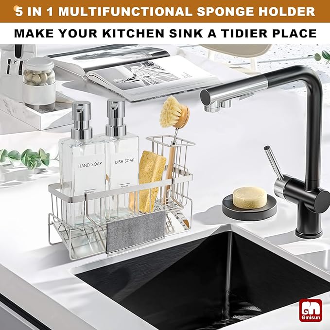 GMISUN Kitchen Soap Dispenser, 12 Fl oz/350ml Clear Dish Soap Dispenser with Silver Sponge Holder, Customized Glass Dish Soap Dispensers for Kitchen, Modern Hand and Dish Soap Dispensers Set Removable