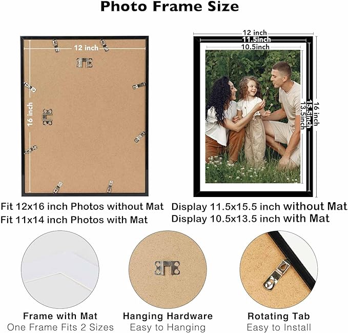 12 Pack 12x16 Picture Frame with 11x14 Mat, Display 11x14 with Mat or 12x16 Without Mat, 12 by 16 Frames Bulk Set of 12 Collage Gallery Wall Decor Photo Frames Set for Wall, Black