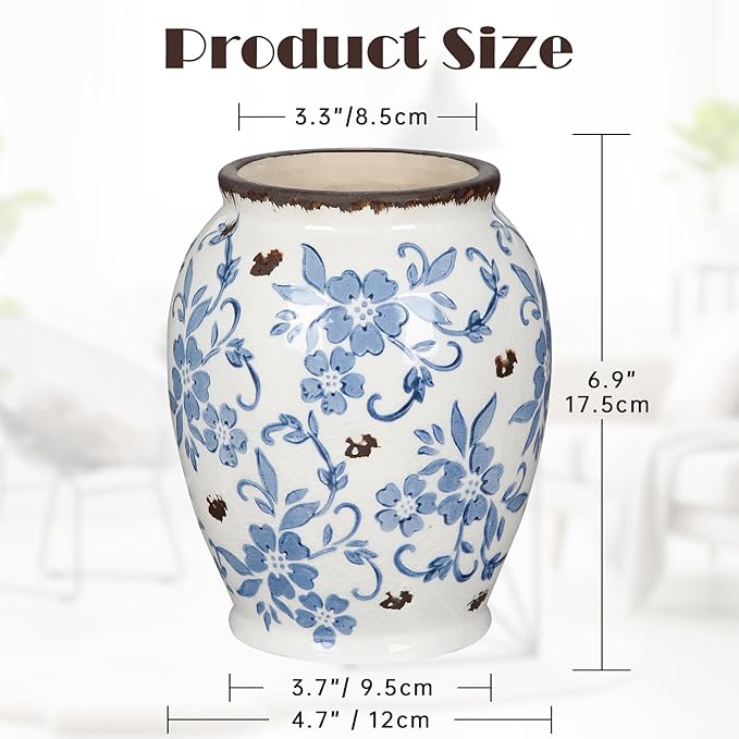 Hollyone Blue and White Porcelain Vase Large Chinoiserie Floral Vintage Tall Blue Ceramic Vases for Home Mantle Shelf Living Room Table Centerpieces Decor, 7 Inch