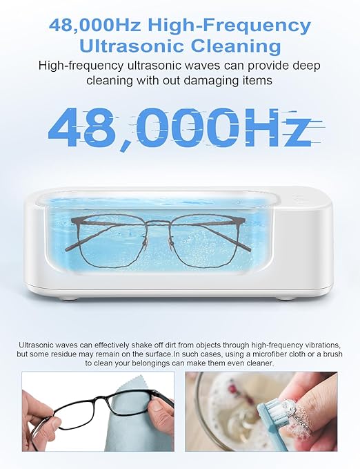Jewelry Cleaner Machine Ultrasonic 48KHz Ultra Sonic Cleaner for Glasses, Rings, Earrings, Watch Strap, Dentures, Makeup Brush, 304 Stainless Steel 12oz Cleaning Pod with 2 Timer Modes (White1)