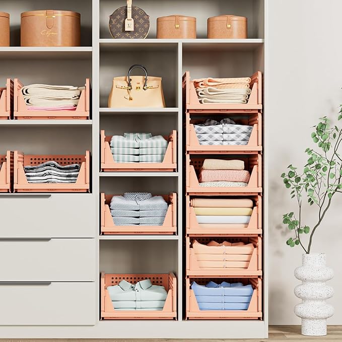 5 Pack Folding Closet Organizers Storage Box, Stackable Storage Bins, Plastic Drawer Basket Closet Storage for Wardrobe Cupboard Kitchen Bathroom Office 5L (Pink)