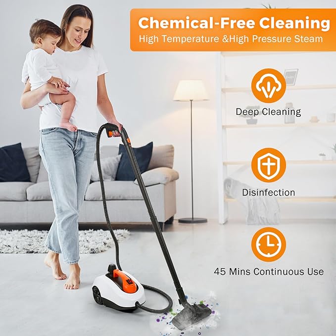 BEAMNOVA Steam Cleaner Electric Household Steamer High Pressure Multipurpose Rolling Cleaning Machine for Carpet Upholstery Floor Car Detailing Home Inside Water Container with Roller, White
