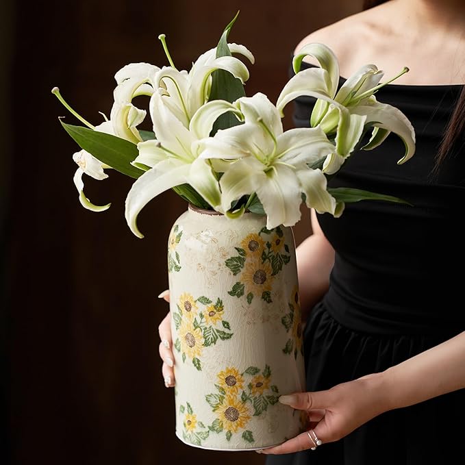 Levvohd Vintage Ceramic Vase, 10.6 Inch Chinoiserie Sunflower Yellow Floral Vases, Retro Ice Cracked Rustic Antique Flower Vases for Modern Room Bathroom Shelf Home Decor (Large Cylinder)