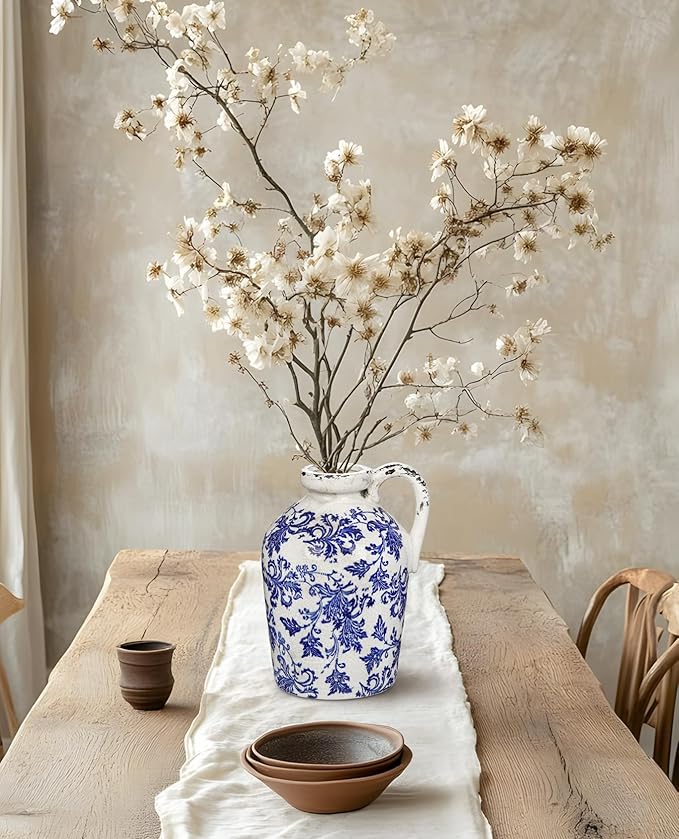 Ceramic Rustic Farmhouse Vase, 9 inch Ceramic Blue and White Vase for Centerpieces Pampas Grass Pottery Jug with Handle Boho Chinoiserie Decor Vintage Vases for Living Room Kitchen Dinner Table Shelf