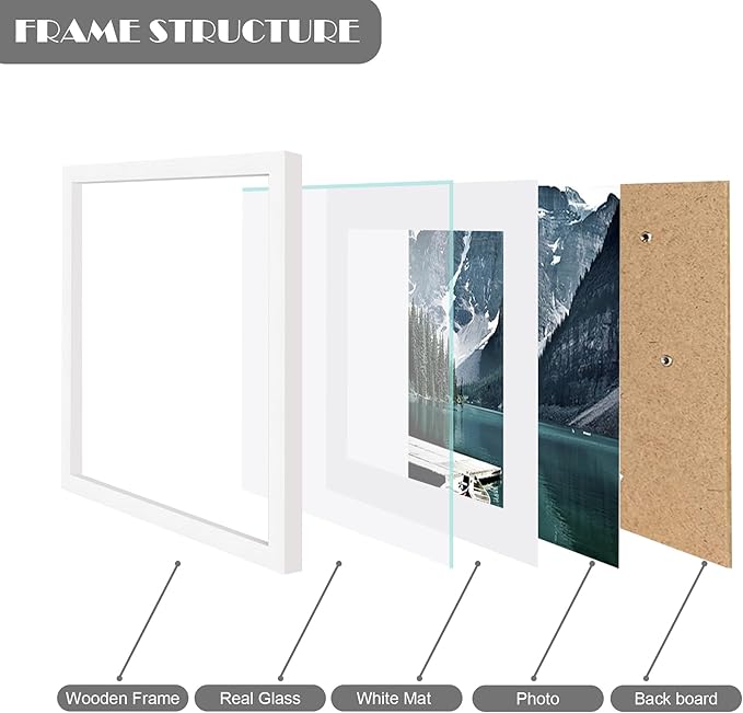 6x6 White Picture Frames set of 3, Made of Wooden and Real Glass Square Photo frame - Displays 4x4 Picture With Mat or 6 x 6 Without Mat, Desktop & Wall Collage Frame set