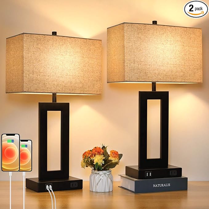 Set of 2 Touch Control Table Lamp with 2 USB Ports, 3-Way Dimmable Modern Nightstand Lamp Sets Bedside Touch Desk Lamp with Fabric Cream Shade for Bedroom Table Living Room Reading, Included Bulbs