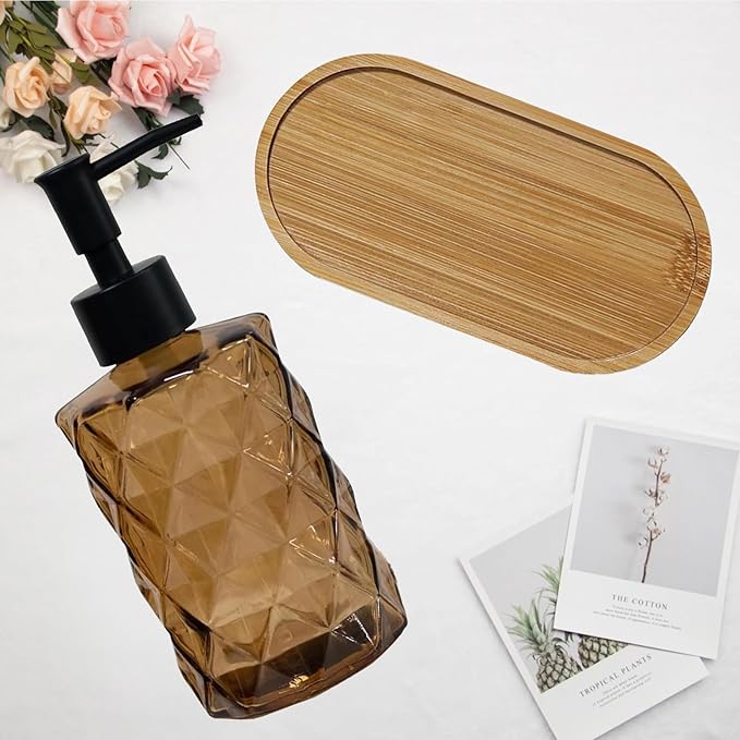 Glass Hand and Dish Soap Dispenser Set of 2 with Plastic Pumps, Bamboo Tray, 12oz Brown Bathroom Soap Dispenser with Diamond for Hand Wash & Dish Wash, Ideal for Bathroom Kitchen Countertop