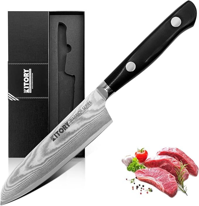 Kitory Damascus Santoku Knife 7", for bigger or larger hands, Kitchen Knife with VG10 67 Layers Super Steel- Black G10 Handle-Gift Box Included, 2024 Gifts For Women and Men