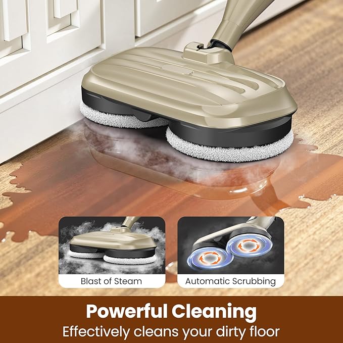 DEVOAC VM6 Scrubbing Steam Mop with Rotating Mop Pads, 10 in 1 Steam Mop, Lightweight Spin Mop & 3 Steam Modes for Hard Floor Laminate Marble Floors (Khaki)