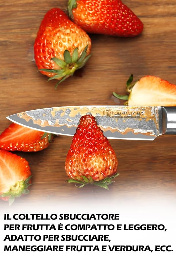 YOUSUNLONG Kitchen Paring Knife 3.5”Japanese Handmade Copper Damascus Steel Blade Fruit Knives - Ultra Sharp Peeling Knife - Naturel Burl Wooden Handle with Acacia Wood Box