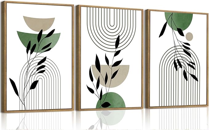Bwodke Boho Wall Art, Framed Abstract Wall Art, Line Plants Leaf Canvas Wall Decor, Mid Century Sage Green Geometric Pictures Set of 3, Minimalist Paintings, for Bedroom Living Room Bathroom 16"x24"