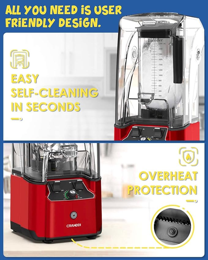 CRANDDI Quiet Commercial Blender with Soundproof Shield, 2200 Watt Professional Blenders for Kitchen with 80oz Pitcher and Self-Cleaning, High-Speed Blenders K90 Red