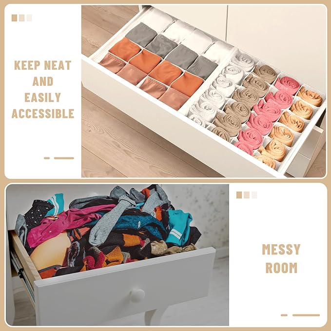 Criusia 3 Pack Sock Underwear Drawer Organizer Dividers, 64 Cell Fabric Foldable Cabinet Closet Organizers and Storage Boxes for Storing Socks, Panties, Ties (16+24+24 Cell, White)