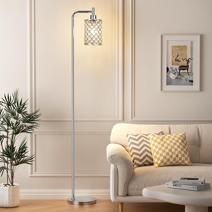 Crystal Floor Lamp - Industrial Modern Standing Lamps with LED Bulb for Living Room Bedroom Office - Silver