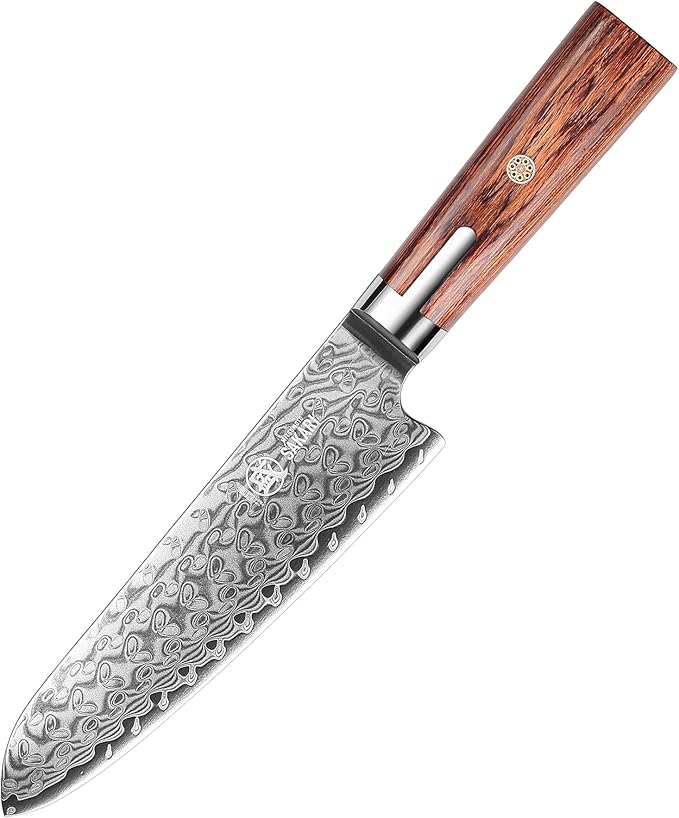 MITSUMOTO SAKARI Santoku Chef Knife 7 inch, S301 Powder Steel Damascus All-Purpose Kitchen Knife (Hand Forged)