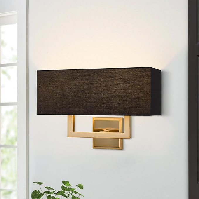 Kira Home Haven 16" 2-Light Modern Wall Sconce/Wall Light + Rectangular Black Fabric Shade, Cool Brass Finish