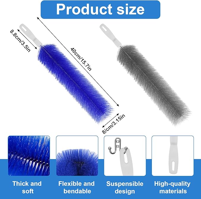 2 Pcs Cobweb Duster, Bendable Fan Cleaner Brushes Set Reusable, Plastic Microfiber Duster for Air Conditioning Shutters,Ceiling Fan, Blades, Curtains,Air Vents(Blue,Gray)