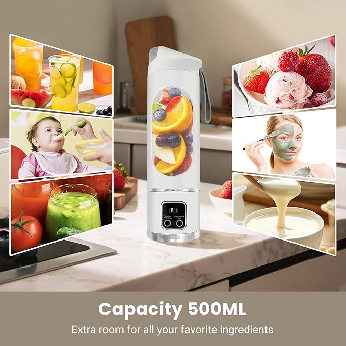Portable Blender Personal Electric USB,500ML Portable juicer Shakes and Smoothies Blender,Small Blenders,Mixing,Compact、Convenient and Versatile (White)