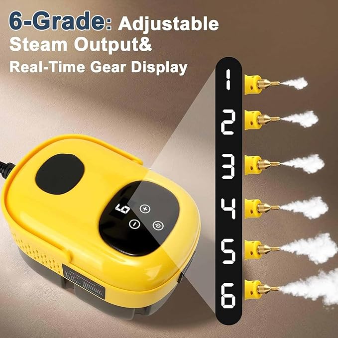 Touchscreen Steam Cleaner 1100ML 2500W High Temperature Pressure Handheld Steam Cleaning Machine with Brush Heads and Gloves 7 in 1 for Car Floor Kitchen Bathroom Window Furniture (Yellow)